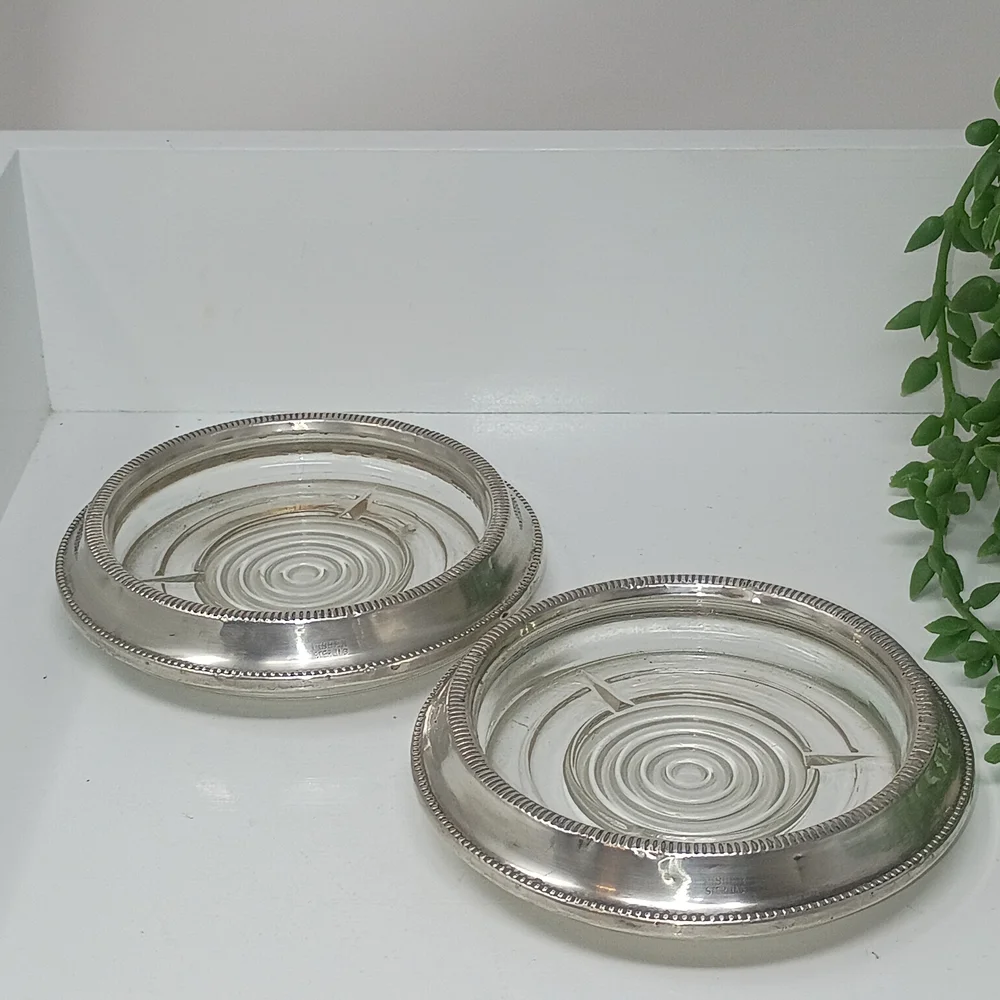 Fisher Sterling Silver Glass Coaster Set with Beaded Edge